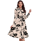 Women's Knitting Printed V-Neck Full Sleeve Dress (Cream)